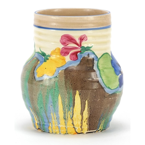 2 - Clarice Cliff Bizarre pottery vase hand painted in the Delicia Pansies pattern, 12cm high