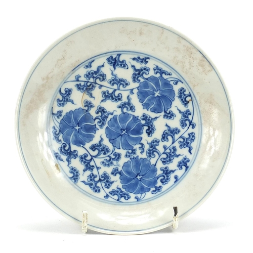 227 - Chinese blue and white porcelain dish hand painted with flowers, six figure character marks to the r... 