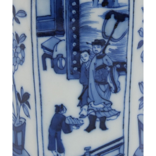 795 - Chinese blue and white porcelain hexagonal vase hand painted with panels of figures and flowers, Kan... 