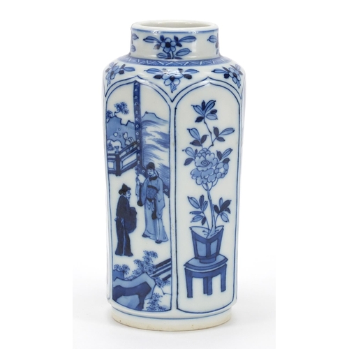 795 - Chinese blue and white porcelain hexagonal vase hand painted with panels of figures and flowers, Kan... 