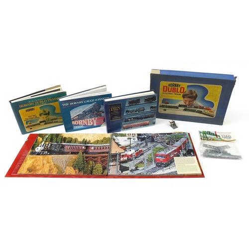 1970 - Hornby model railway items comprising electric train set box, LGB 2003 catalogue and three hardback ... 