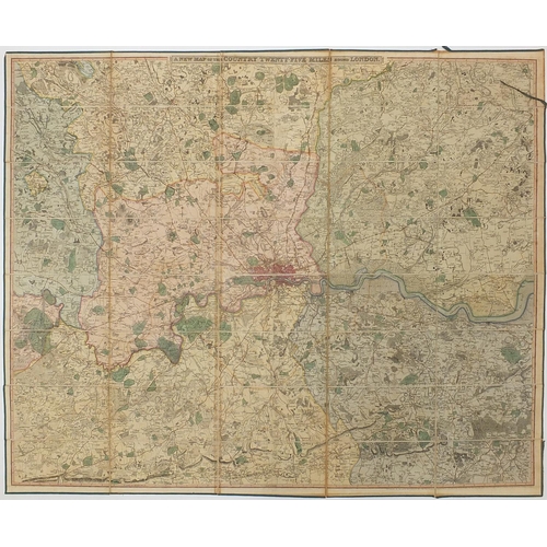 578 - Early 19th century canvas backed folding map of the Country 25 miles around London with slip case, 1... 