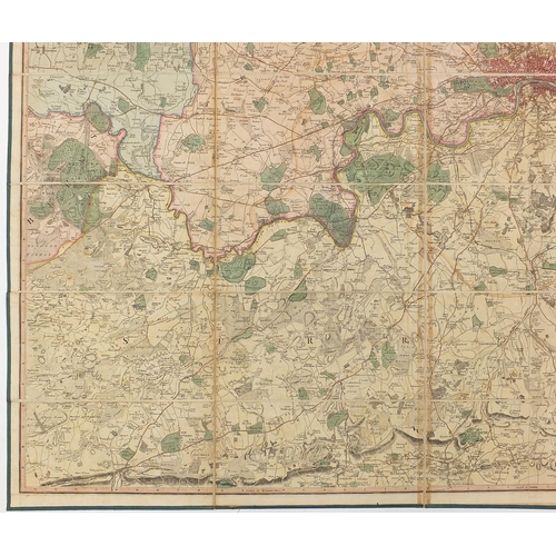 578 - Early 19th century canvas backed folding map of the Country 25 miles around London with slip case, 1... 
