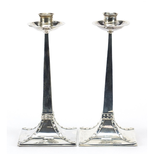 2155 - James Dixon & Sons Ltd, pair of Arts & Crafts silver tapering candlesticks with square bases, Sheffi... 
