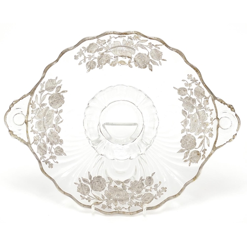 181 - Silver overlaid glass footed cake plate, 26cm wide