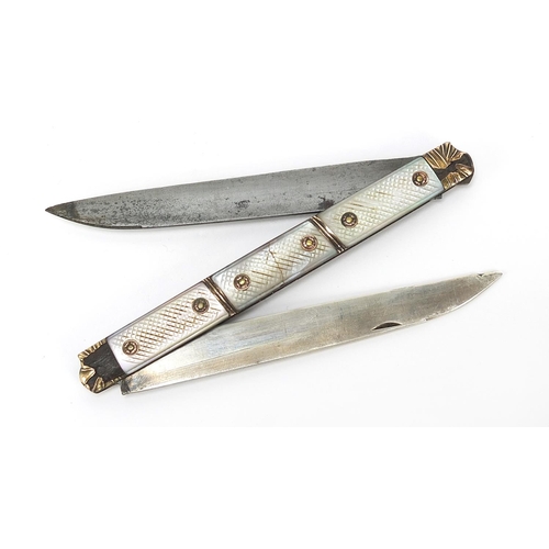 420 - 18th century French gold mounted mother of pearl folding fruit knife with unmarked silver and steel ... 