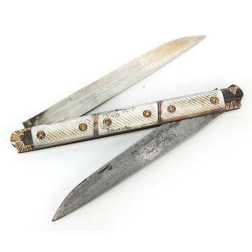 420 - 18th century French gold mounted mother of pearl folding fruit knife with unmarked silver and steel ... 