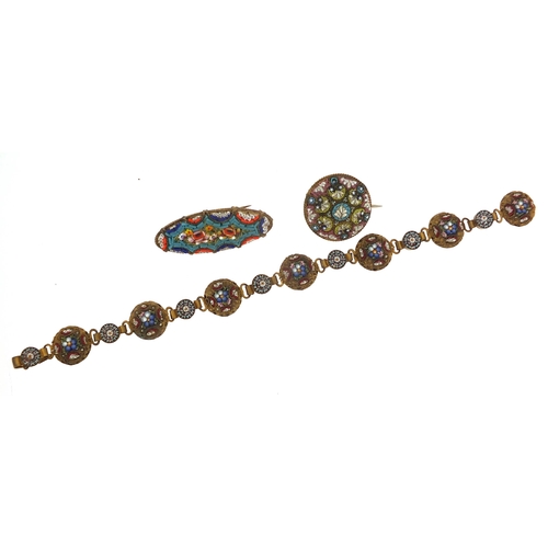 2782 - Vintage Italian micro mosaic bracelet and two brooches, the bracelet 18cm in length