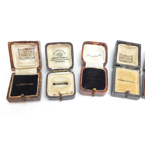 2768 - Ten antique tooled leather ring boxes including Mappin & Webb, B Rose, H W Godfrey & Son, Ham & Hudd... 