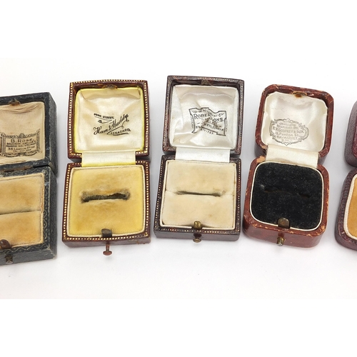 2768 - Ten antique tooled leather ring boxes including Mappin & Webb, B Rose, H W Godfrey & Son, Ham & Hudd... 