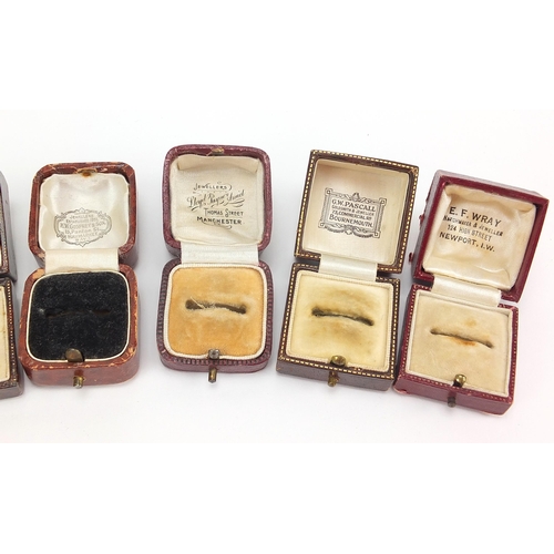 2768 - Ten antique tooled leather ring boxes including Mappin & Webb, B Rose, H W Godfrey & Son, Ham & Hudd... 