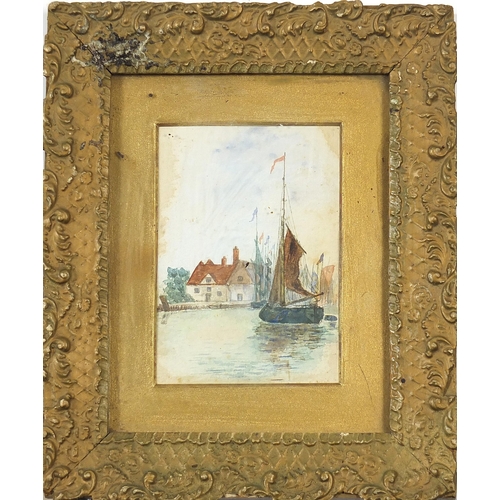 657 - Boats before villages, pair of mixed medias, mounted, framed and glazed, each 14cm x 9.5cm excluding... 