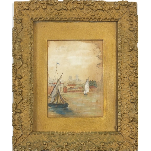 657 - Boats before villages, pair of mixed medias, mounted, framed and glazed, each 14cm x 9.5cm excluding... 