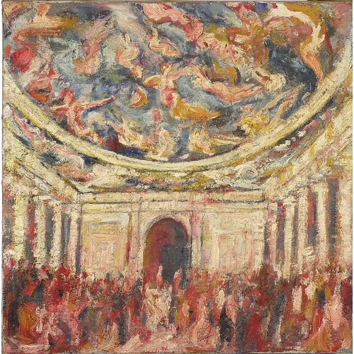656 - Classical interior with figures, oil on canvas, unframed, 91cm x 91cm