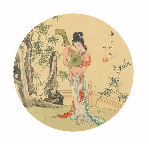 65 - Females wearing Kimonos, pair of Chinese watercolours on silk, each with character marks and red sea... 