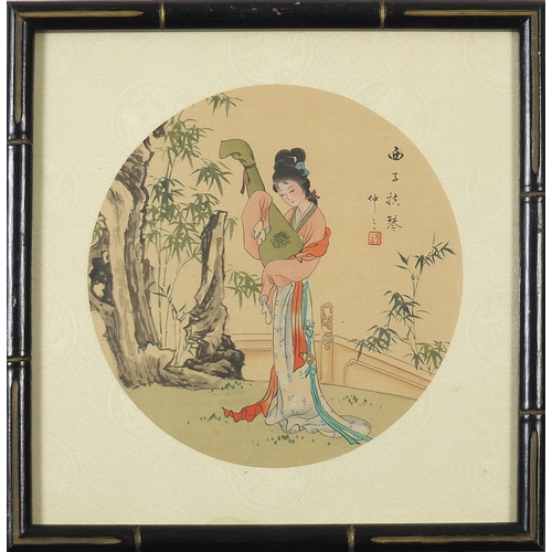 65 - Females wearing Kimonos, pair of Chinese watercolours on silk, each with character marks and red sea... 