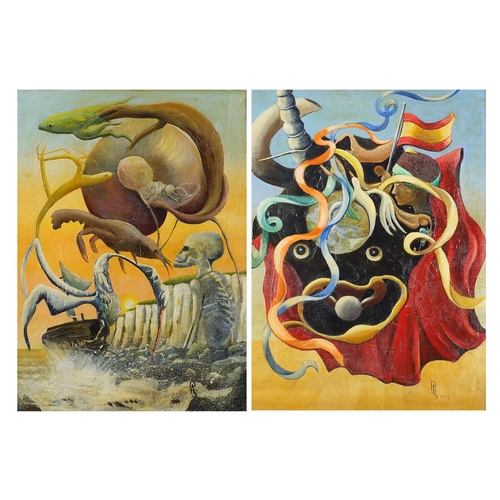 434 - Pauline Smith - The Ancient Mariner and Olympia Espana, pair of surreal oil on canvasses, inscribed ... 