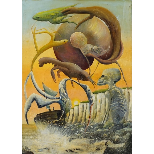 434 - Pauline Smith - The Ancient Mariner and Olympia Espana, pair of surreal oil on canvasses, inscribed ... 