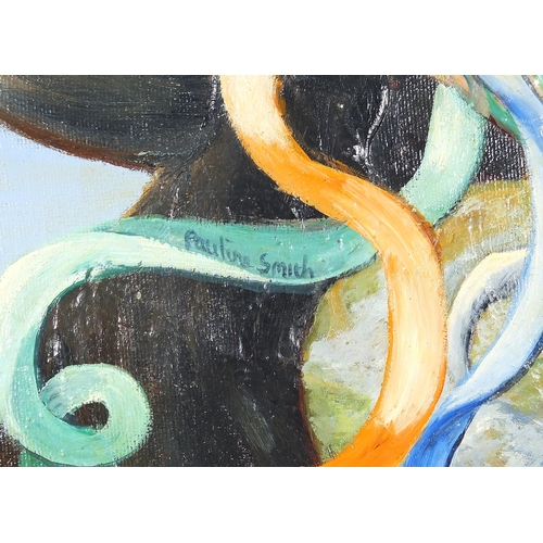 434 - Pauline Smith - The Ancient Mariner and Olympia Espana, pair of surreal oil on canvasses, inscribed ... 