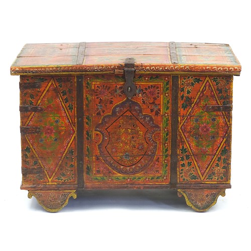 704 - Indian metal bound chest hand painted with flowers, 66cm H x 96cm W x 54cm D