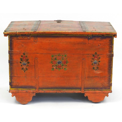 704 - Indian metal bound chest hand painted with flowers, 66cm H x 96cm W x 54cm D