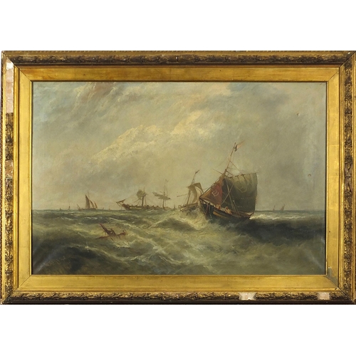 184 - William P Rogers - Boats on water, 19th century maritime oil on canvas, mounted and framed, 75cm x 4... 