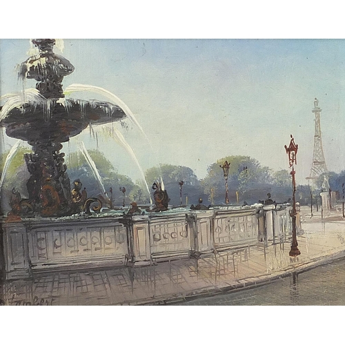 671 - A Lambert - Place de la Concorde, Paris, oil on canvas, details verso, mounted and framed, 22.5cm x ... 