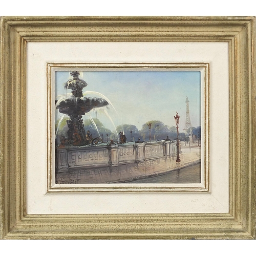 671 - A Lambert - Place de la Concorde, Paris, oil on canvas, details verso, mounted and framed, 22.5cm x ... 