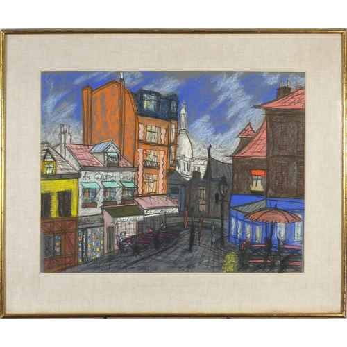 670 - Parisian street scene with figures, pastel, indistinctly inscribed, mounted, framed and glazed, 63cm... 