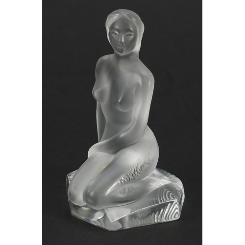 77 - Lalique frosted glass paperweight of a nude mermaid, etched Lalique France, 9.5cm high