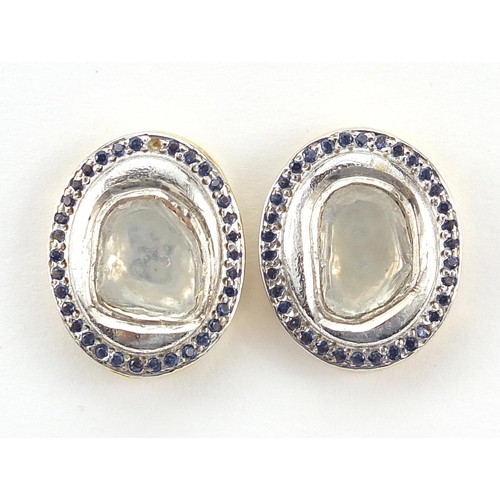 2783 - Pair of Indian silver gilt diamond and blue stone stud earrings, 2cm x 1.6cm, 8.0g