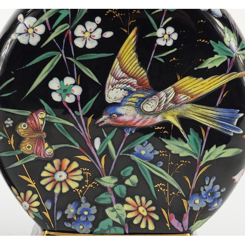 74 - Attributed to Moser, pair of Bohemian glass moon flasks enamelled with birds amongst flowers, each 2... 