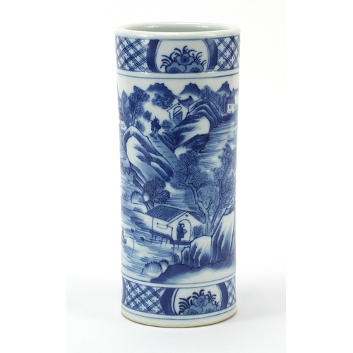 638 - Chinese blue and white brush pot hand painted with a mountainous scene with buildings and figures, c... 