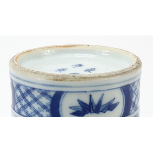 638 - Chinese blue and white brush pot hand painted with a mountainous scene with buildings and figures, c... 