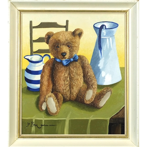 274 - Jo Bryan - Bertram Bear in the kitchen, oil on canvas board, mounted and framed, 35cm x 29.5cm exclu... 