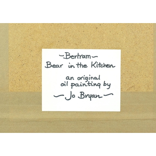 274 - Jo Bryan - Bertram Bear in the kitchen, oil on canvas board, mounted and framed, 35cm x 29.5cm exclu... 