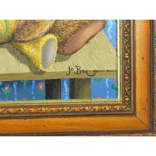 204 - Jo Bryan - Best of Friends, teddy bear, oil on canvas, mounted and framed, 39cm x 29cm excluding the... 