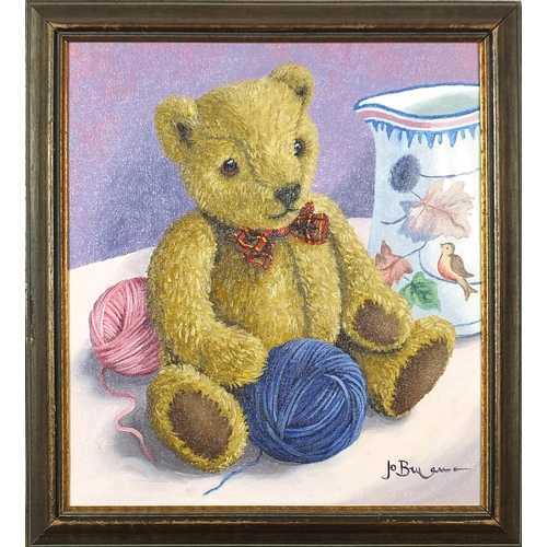 257 - Jo Bryan - Humphrey, teddy bear, oil on canvas board, mounted and framed, 34cm x 30cm excluding the ... 