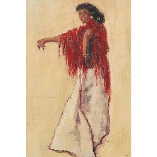 319 - Female dancing, Spanish oil on board, framed, 23cm x 16cm excluding the frame