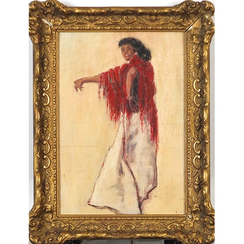 319 - Female dancing, Spanish oil on board, framed, 23cm x 16cm excluding the frame