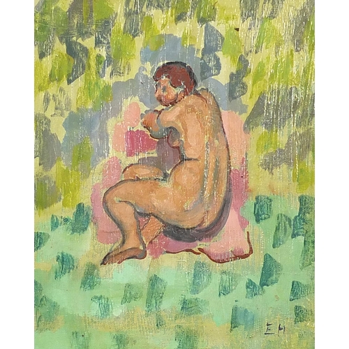 459 - Nude female, oil on canvas, mounted and framed, 22.5cm x 18.5cm excluding the mount and frame