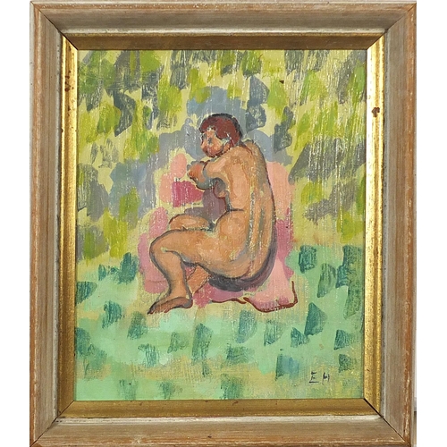 459 - Nude female, oil on canvas, mounted and framed, 22.5cm x 18.5cm excluding the mount and frame