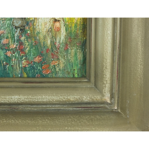 124 - Female in a garden before a cottage, oil on canvas laid on board, mounted and framed, 23cm x 18cm ex... 