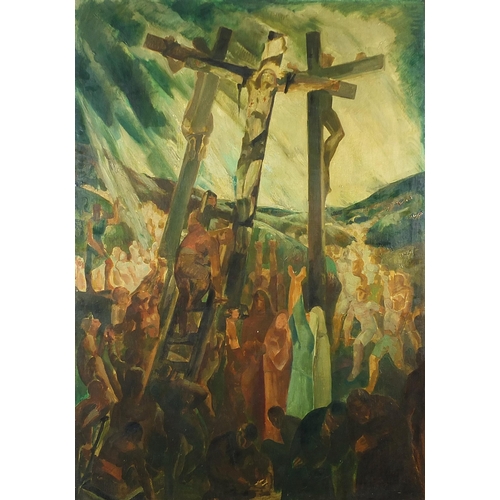 322 - Crucifixion scene with figures, surreal oil on panel, bearing an indistinct inscription verso, unfra... 