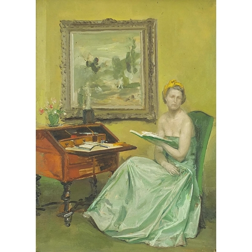 82 - Seated female beside a bureau in an interior, oil on canvas laid onto board, mounted and framed, 46.... 