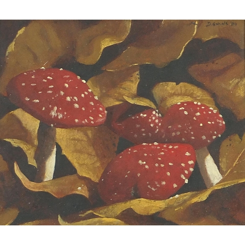 673 - David Evans 1984 - Toadstools, oil on board, mounted and framed, 17.5cm x 15cm excluding the mount a... 