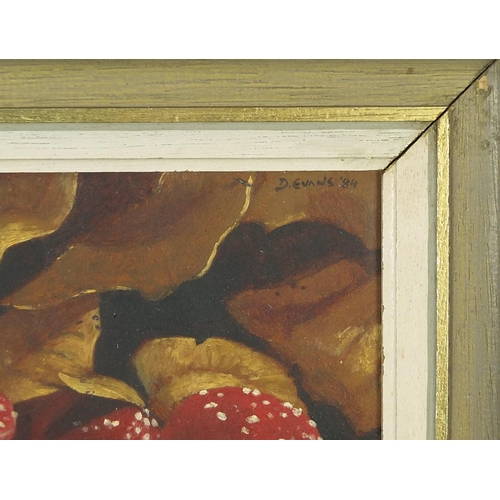 673 - David Evans 1984 - Toadstools, oil on board, mounted and framed, 17.5cm x 15cm excluding the mount a... 