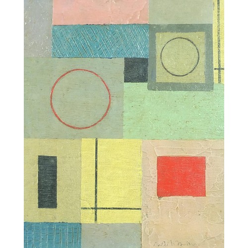 97 - Abstract composition, geometric shapes, oil on board, mounted, framed and glazed, 25cm x 20cm exclud... 
