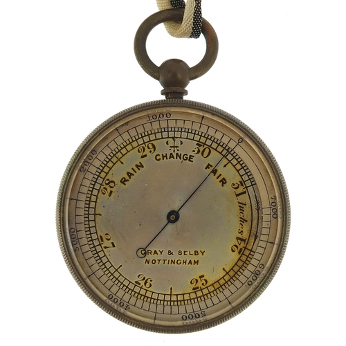 427 - Brass compensated pocket barometer retailed by Gray & Selby of Nottingham