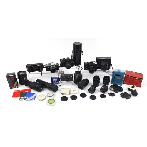 1916 - Vintage and later cameras, lenses and accessories including Olympus OM10, Zenit-E and Konica Auto Re... 